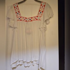 NWT White Blouse With Colorful Knit Detail Around Square Neck
